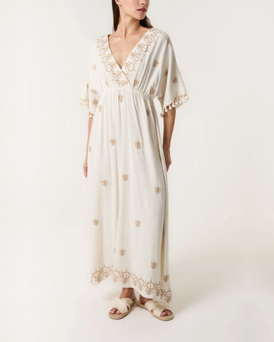 Embroidered Linen Tassels Maxi Dress