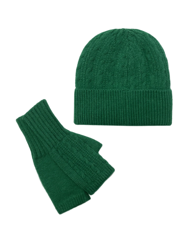 Apple Green Plain Knitted Wool Hat & Fingerless Gloves Set