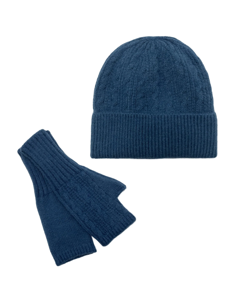 Denim Blue Plain Knitted Wool Hat & Fingerless Gloves Set