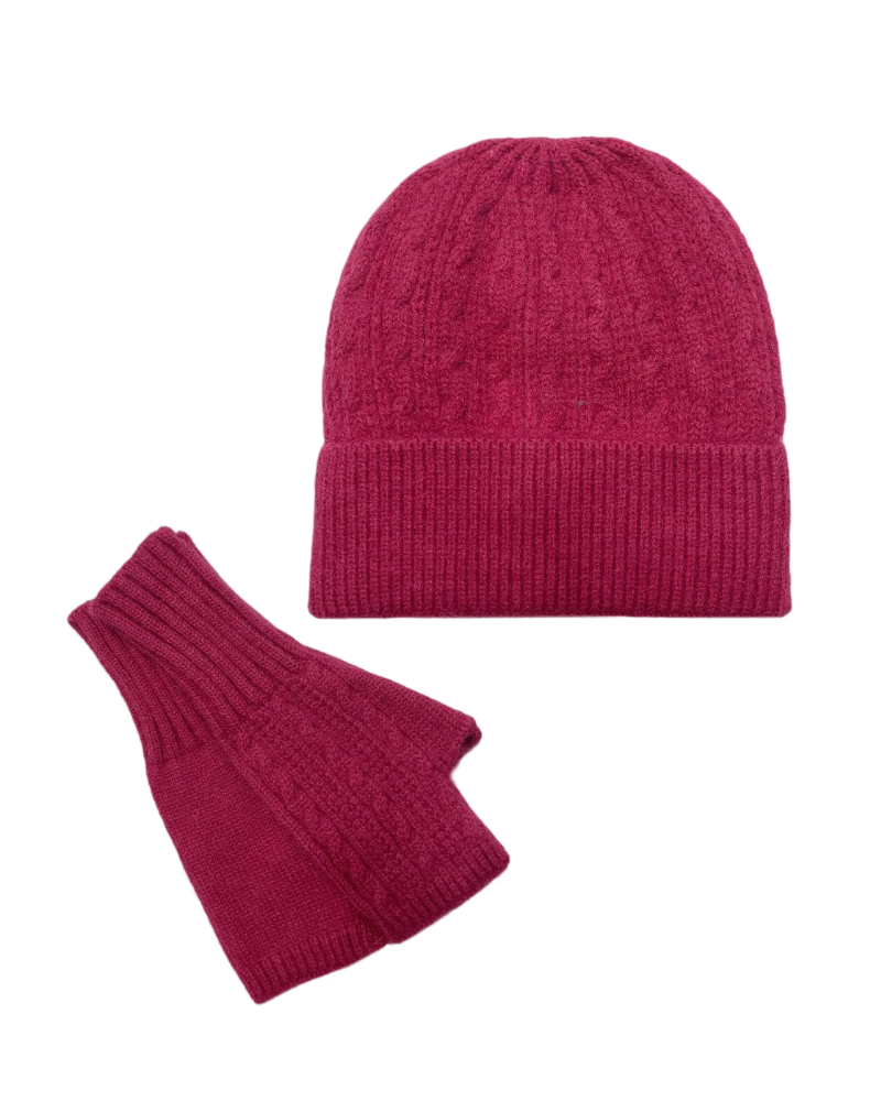 Fuchsia Pink Plain Knitted Wool Hat & Fingerless Gloves Set