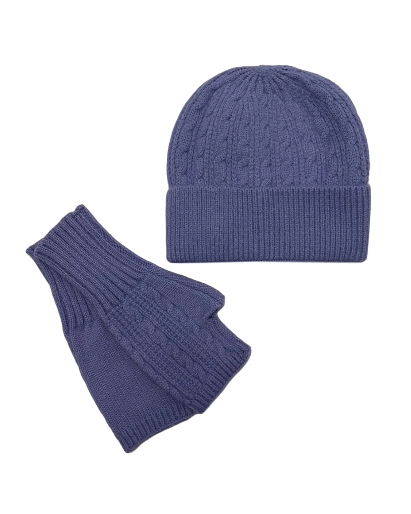 Lilac Purple Plain Knitted Wool Hat & Fingerless Gloves Set