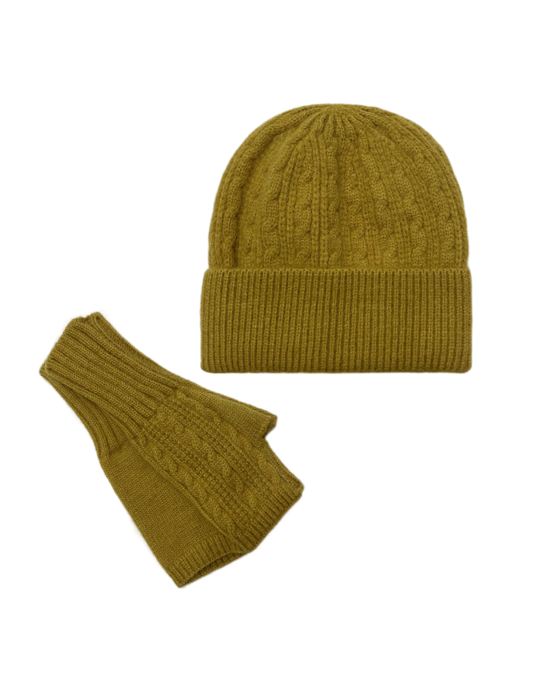 Mustard Yellow Plain Knitted Wool Hat & Fingerless Gloves Set