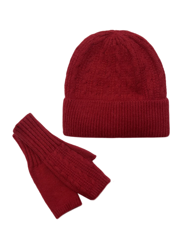 Rich Red Plain Knitted Wool Hat & Fingerless Gloves Set