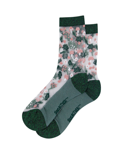 Floral Toadstool Unisex Sheer Pop Socks in Forest Green