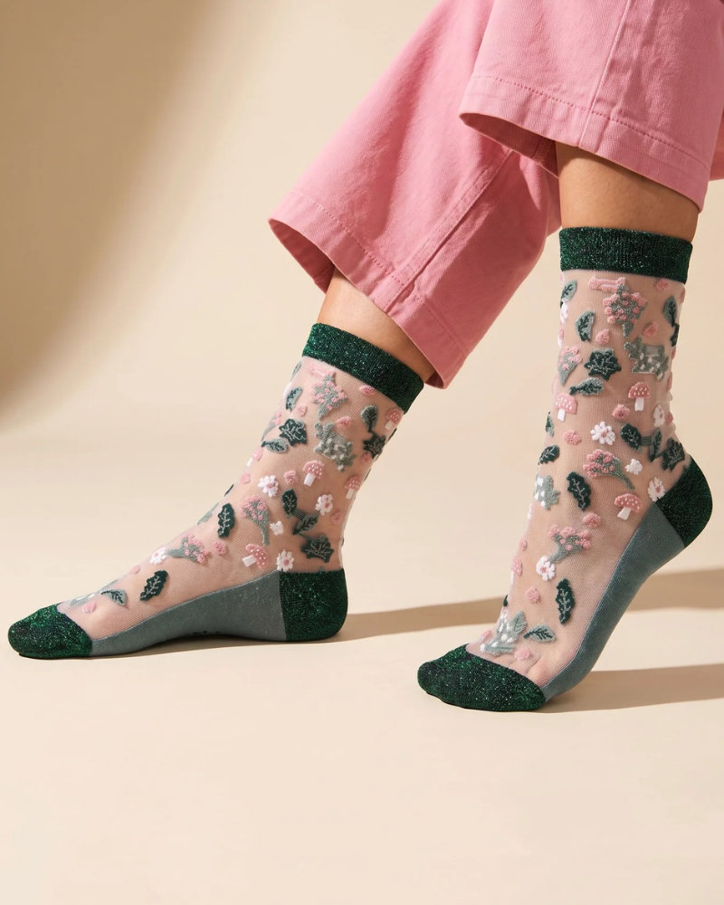 Floral Toadstool Unisex Sheer Pop Socks in Forest Green