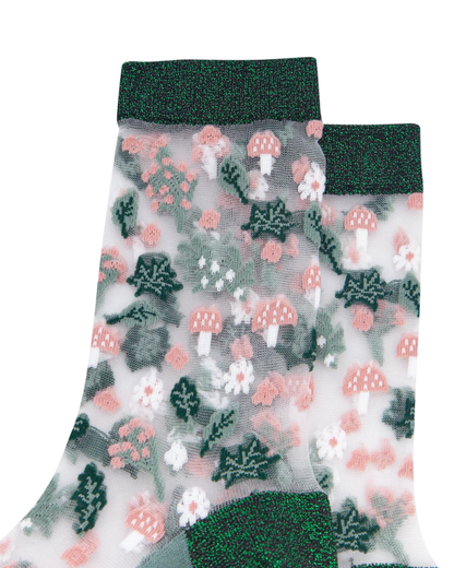 Floral Toadstool Unisex Sheer Pop Socks in Forest Green
