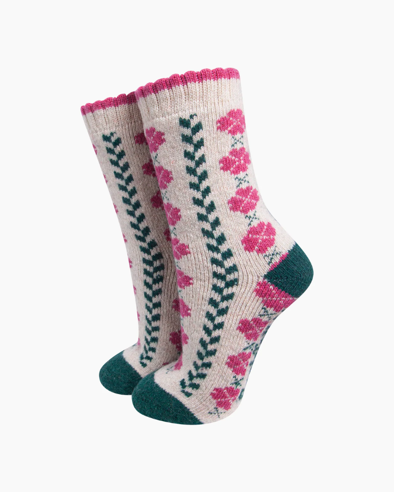 Flower Patterned Wool Socks In Raspberry