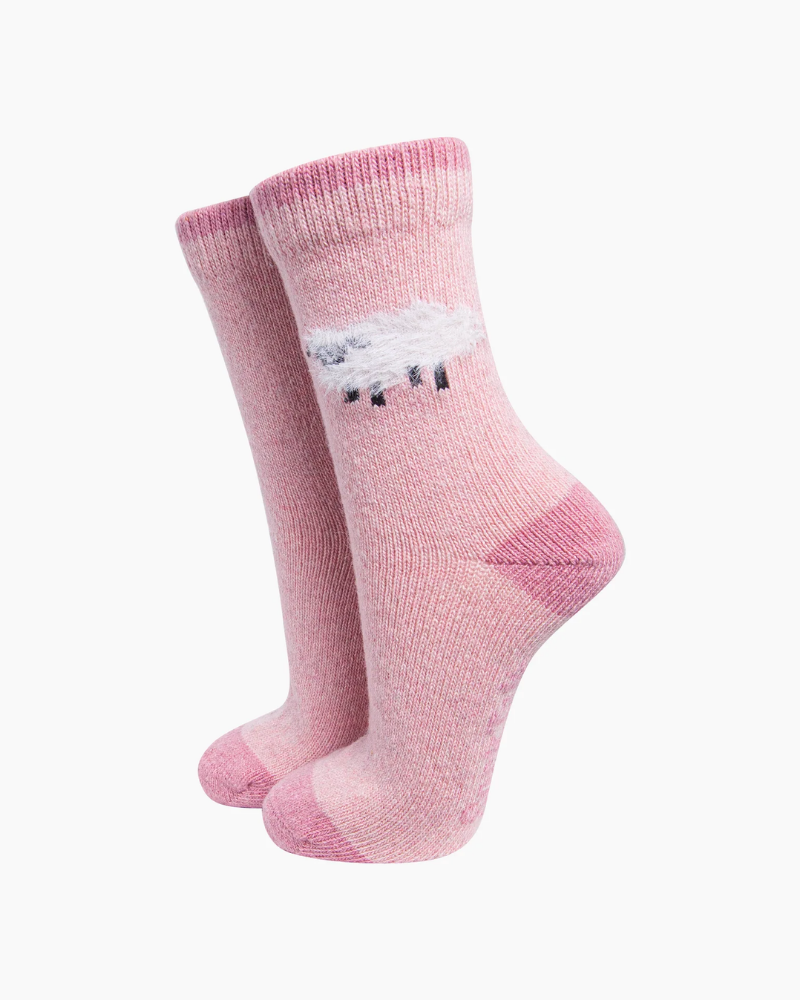 Fluffy Sheep Embroidered Wool Socks In Pink