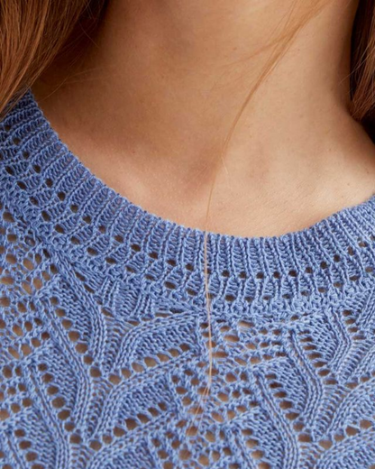 Close-up of a blue lace top with a blurred background