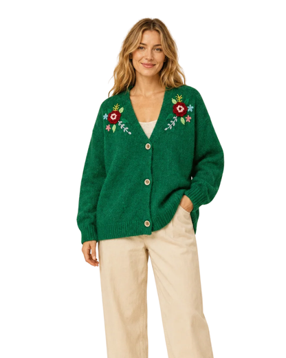 Floral Embroidered Cardigan In Emerald Green