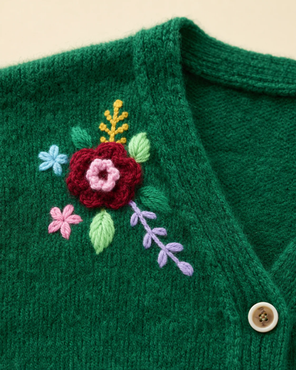 Floral Embroidered Cardigan In Emerald Green