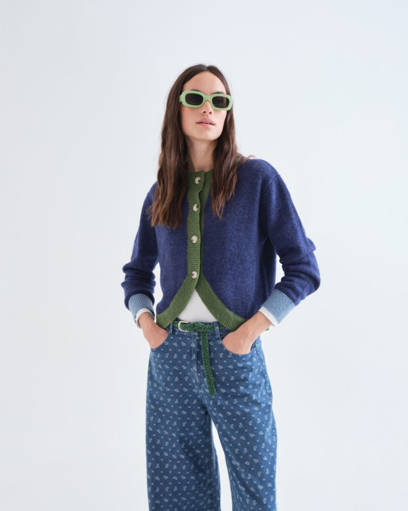 Blue With Green Curved Trim Cardigan