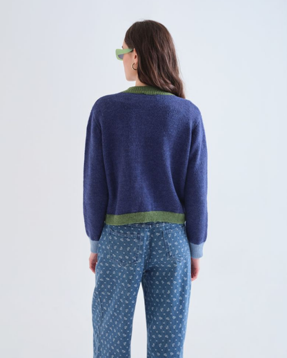 Blue With Green Curved Trim Cardigan