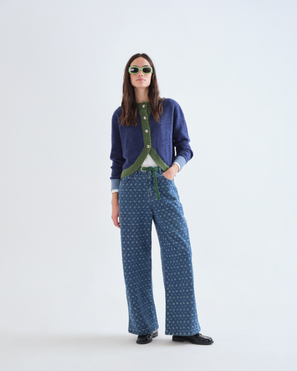 Blue With Green Curved Trim Cardigan