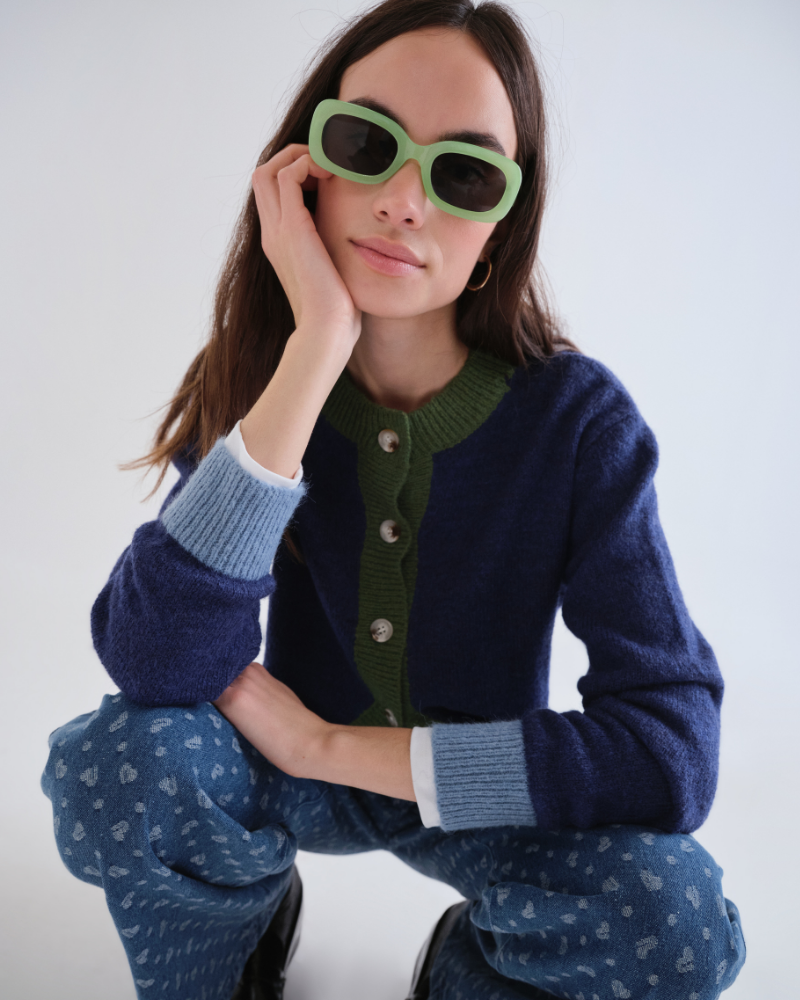 Blue With Green Curved Trim Cardigan