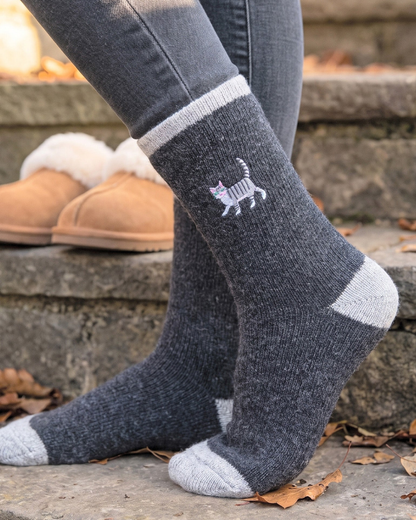 Grey Embroidered Cat Wool Socks In Charcoal