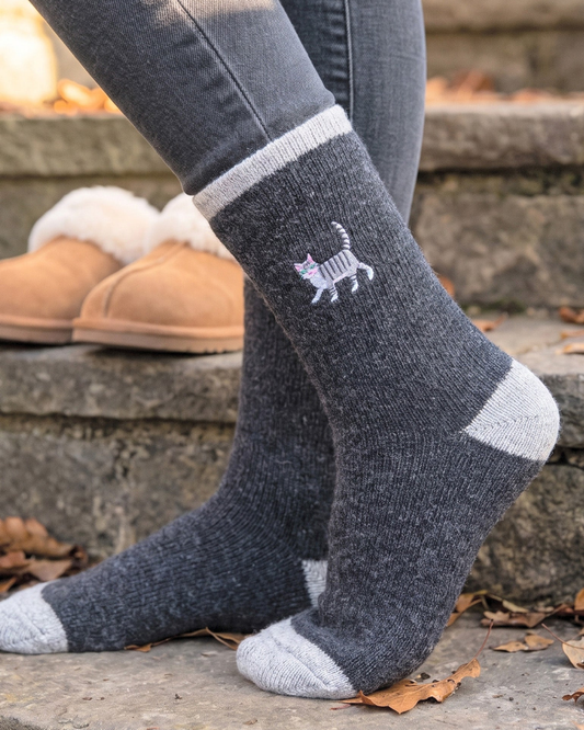 Grey Embroidered Cat Wool Socks In Charcoal