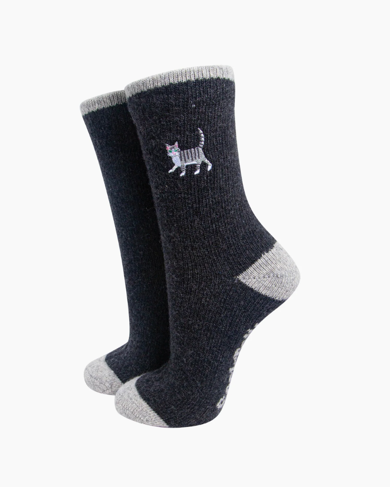 Grey Embroidered Cat Wool Socks In Charcoal