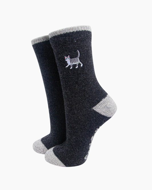 Grey Embroidered Cat Wool Socks In Charcoal