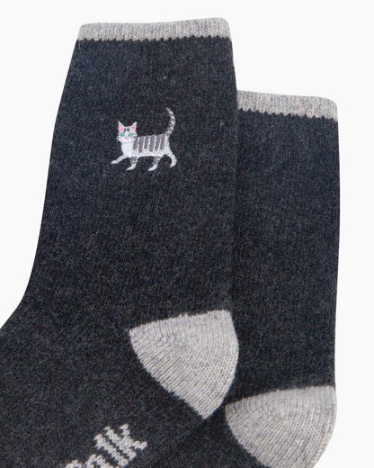 Grey Embroidered Cat Wool Socks In Charcoal