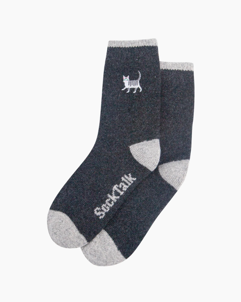 Grey Embroidered Cat Wool Socks In Charcoal