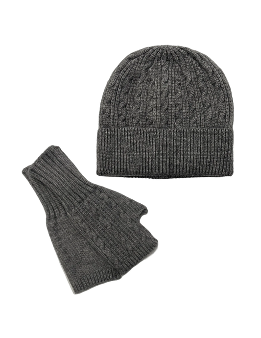 Grey Plain Knitted Wool Hat & Fingerless Gloves Set