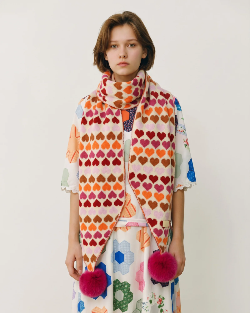 Hearts Striped Pattern Scarf With Fluffy Pom Poms