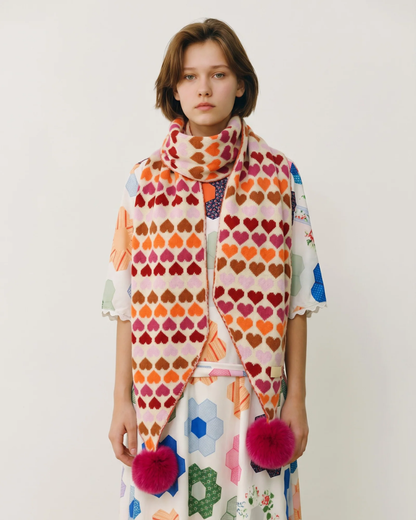 Hearts Striped Pattern Scarf With Fluffy Pom Poms