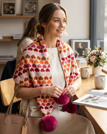 Hearts Striped Pattern Scarf With Fluffy Pom Poms