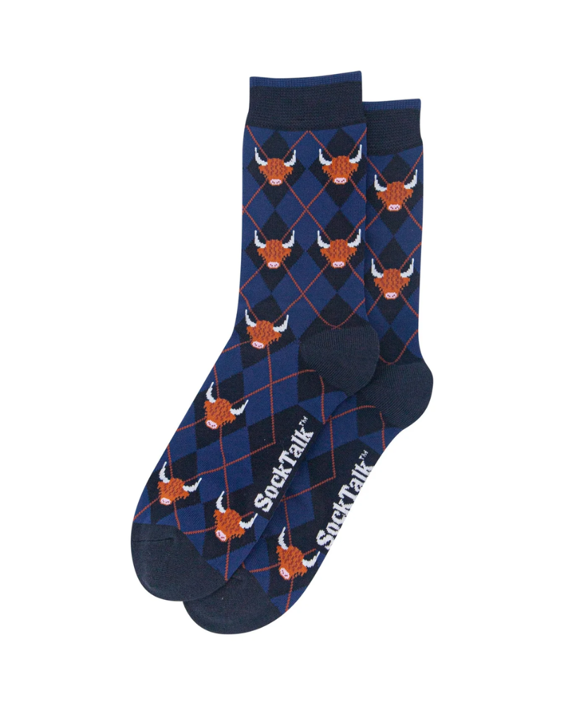 Argyle Highland Cow Unisex Bamboo Socks in Navy Blue