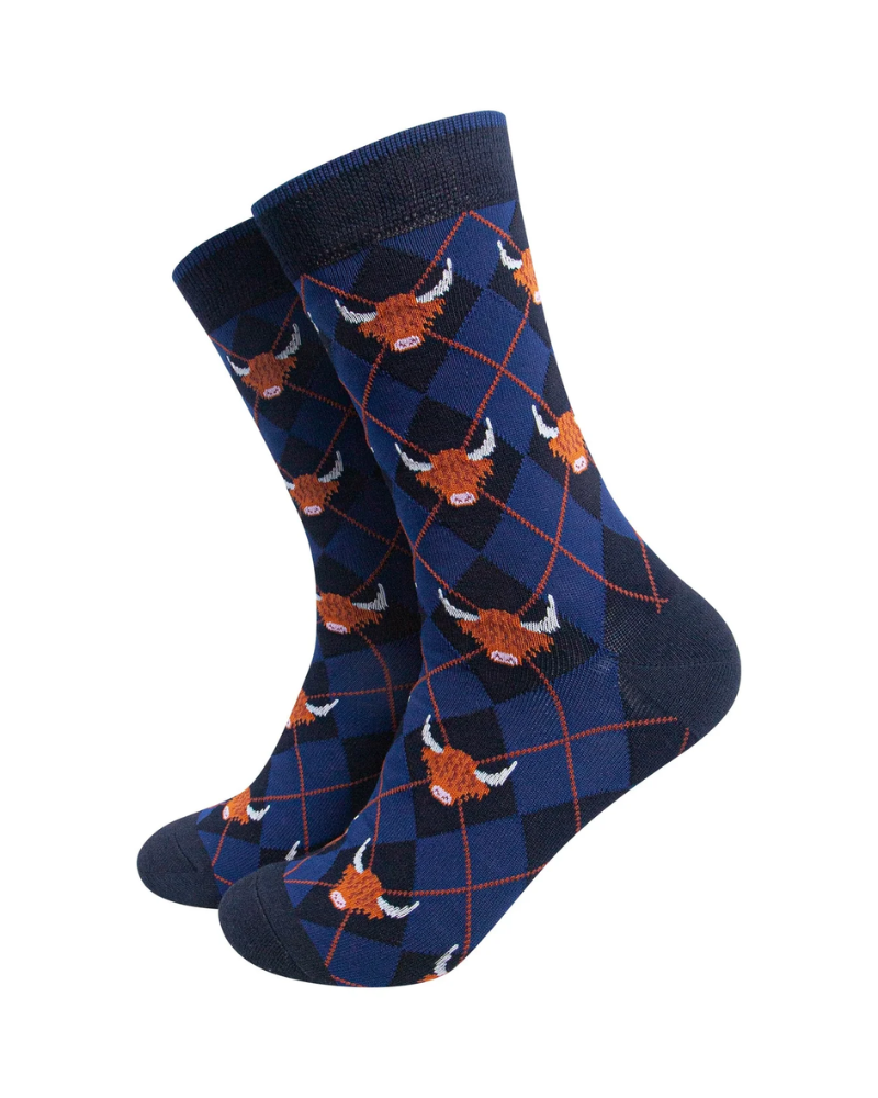 Argyle Highland Cow Unisex Bamboo Socks in Navy Blue