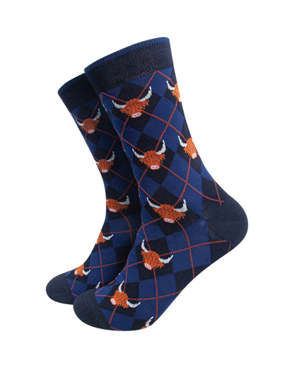 Argyle Highland Cow Unisex Bamboo Socks in Navy Blue