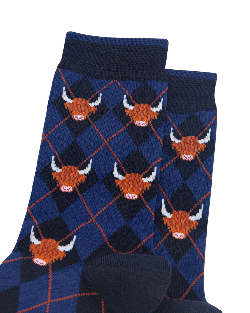 Argyle Highland Cow Unisex Bamboo Socks in Navy Blue