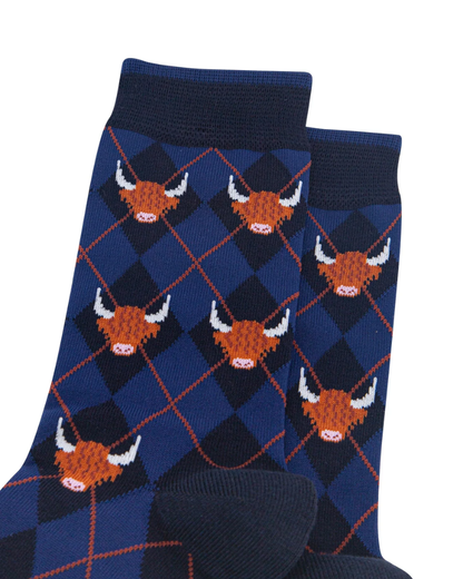 Argyle Highland Cow Unisex Bamboo Socks in Navy Blue