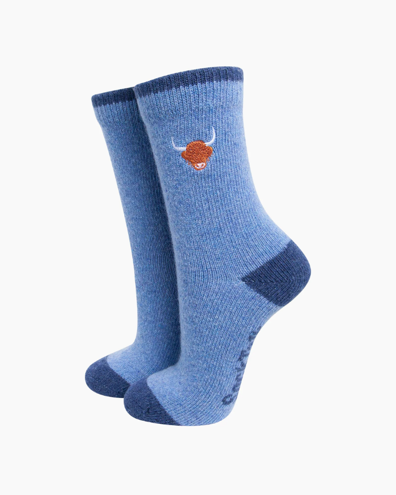 Highland Cow Embroidered Wool Socks In Blue