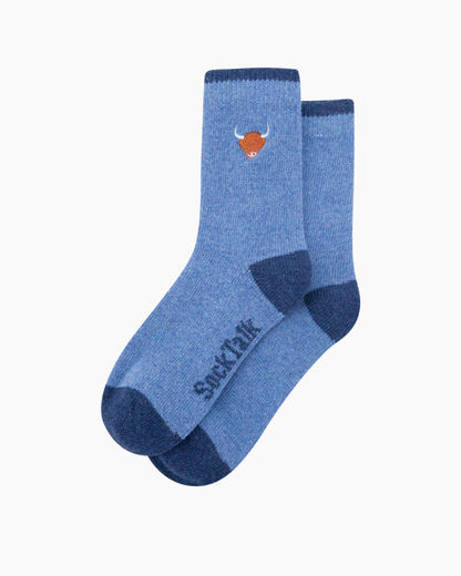 Highland Cow Embroidered Wool Socks In Blue