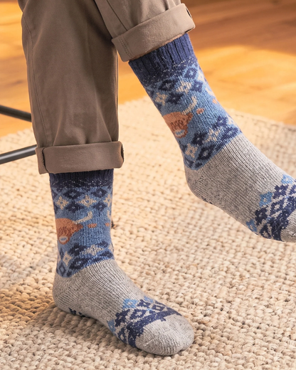 Highland Patterned Wool Socks In Denim Blue