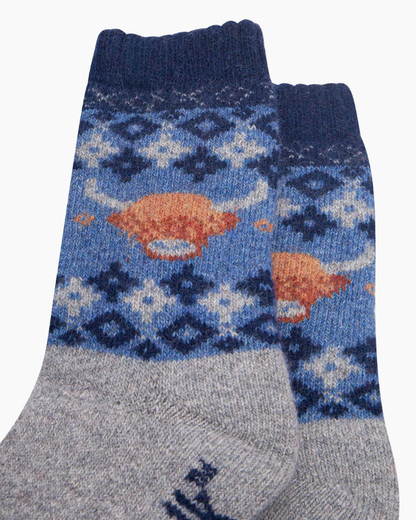 Highland Patterned Wool Socks In Denim Blue
