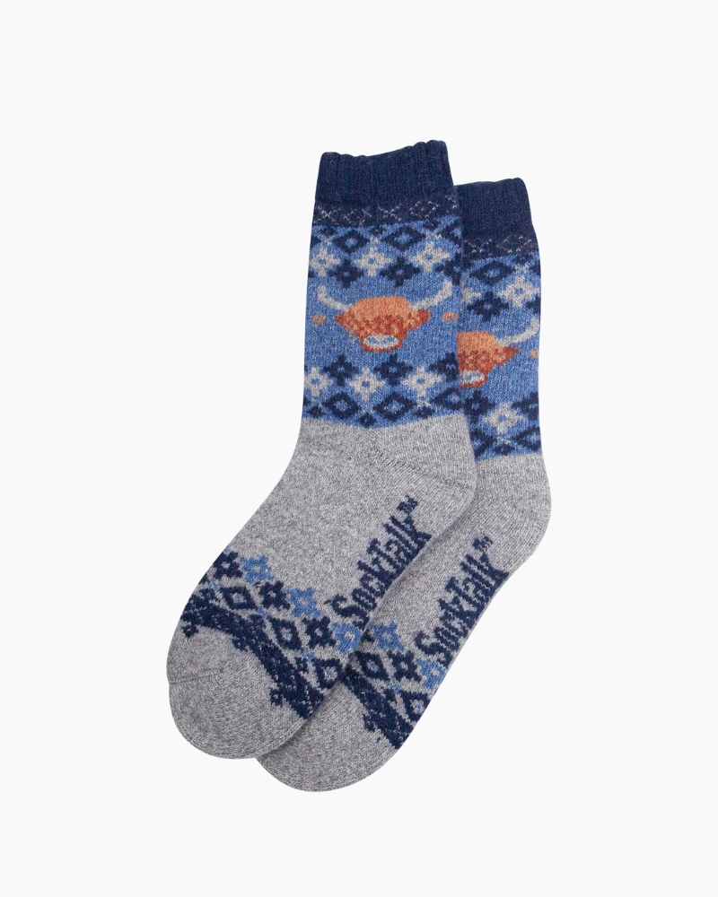 Highland Patterned Wool Socks In Denim Blue