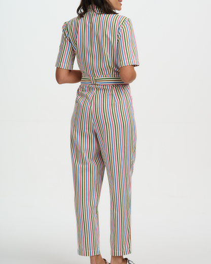 Multicolored striped jumpsuit on a white background