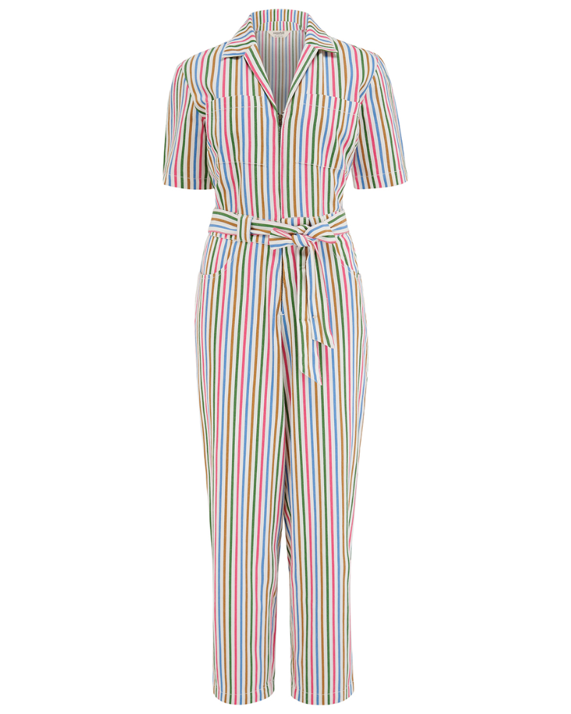 Multicolored striped jumpsuit on a white background