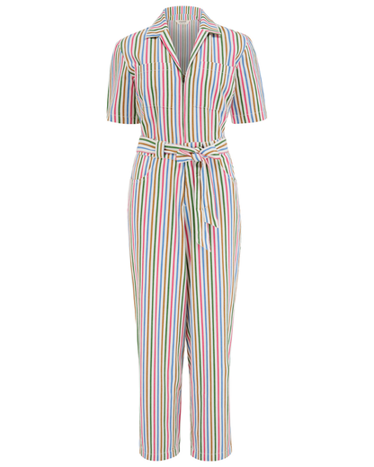Multicolored striped jumpsuit on a white background