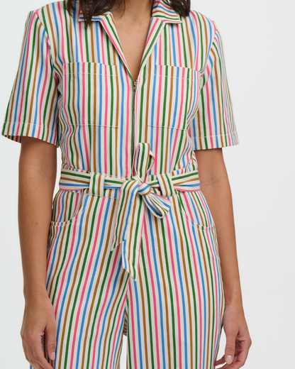 Multicolored striped jumpsuit on a plain background