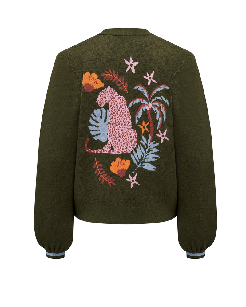 Green jacket with colorful leopard and floral embroidery on a white background