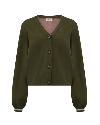 Green cardigan with buttons on a white background