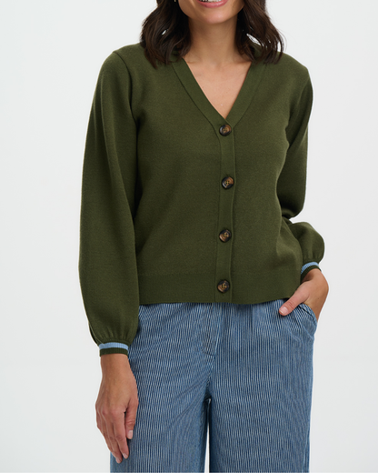 Person wearing a green cardigan with buttons on a white background