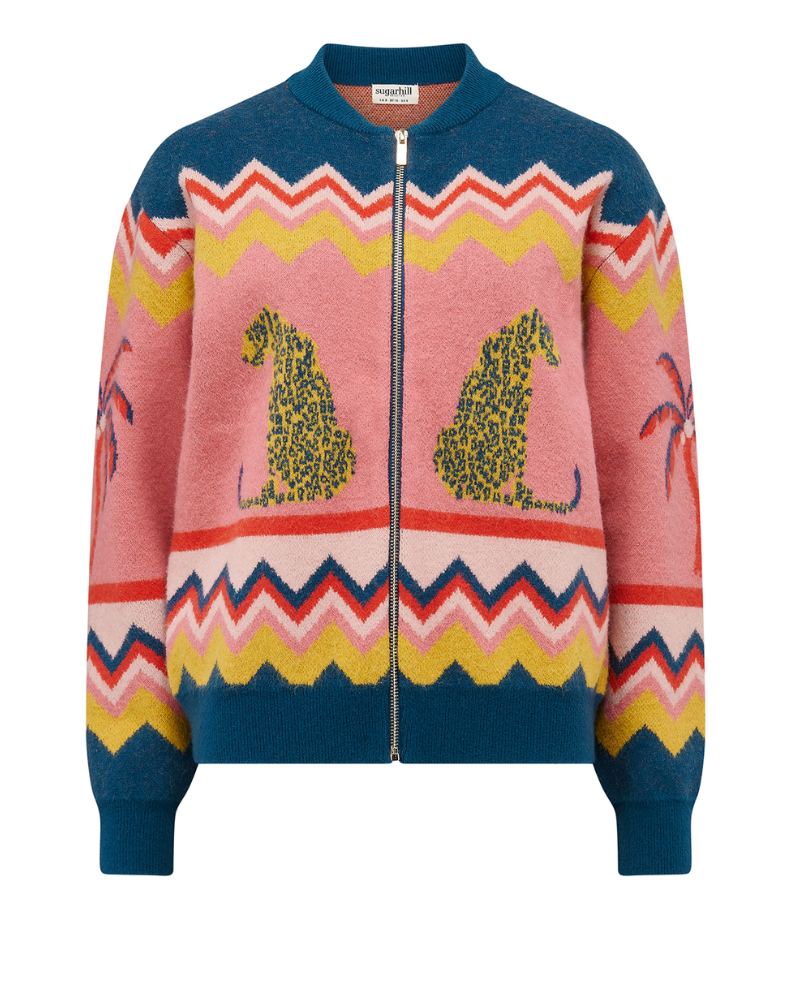 Colorful sweater with geometric patterns and animal designs on a white background