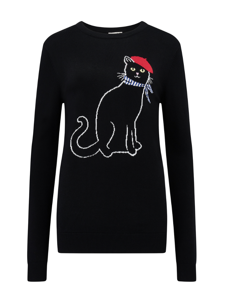 Black sweater with a cat design wearing a red beret and blue scarf on a white background