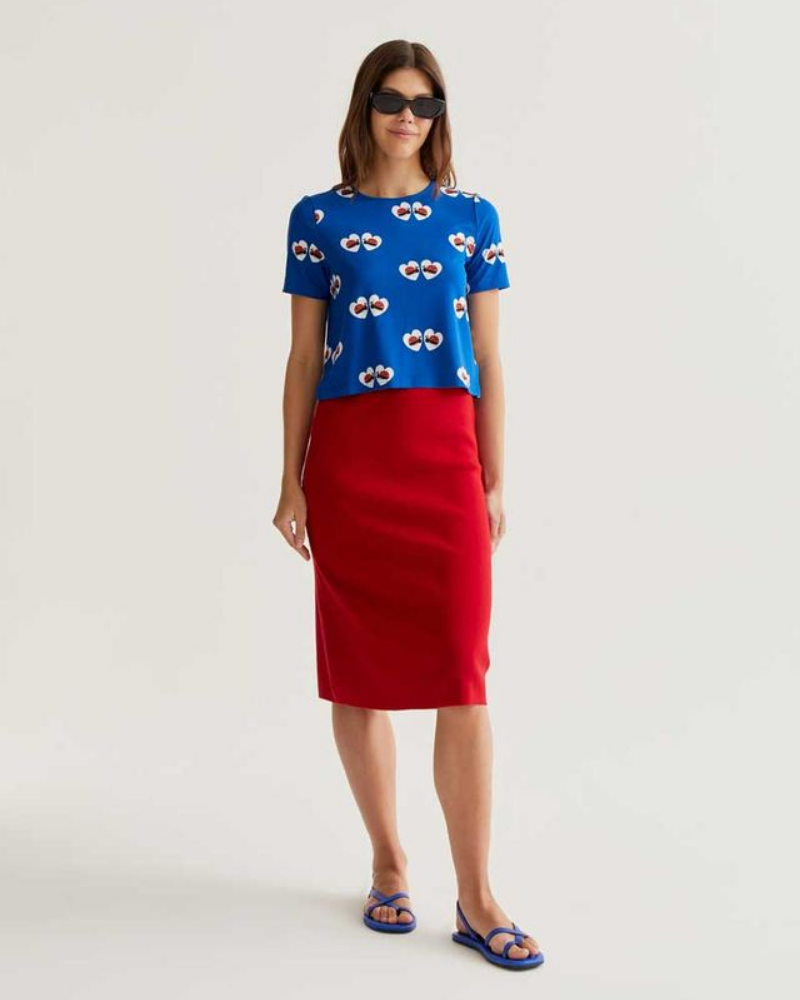 Woman wearing a blue top with a red skirt on a white background