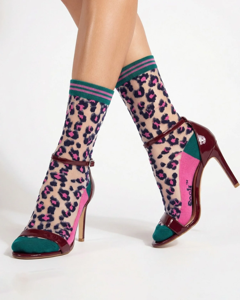 Leopard Print Unisex Sheer Pop Socks in Green & Pink